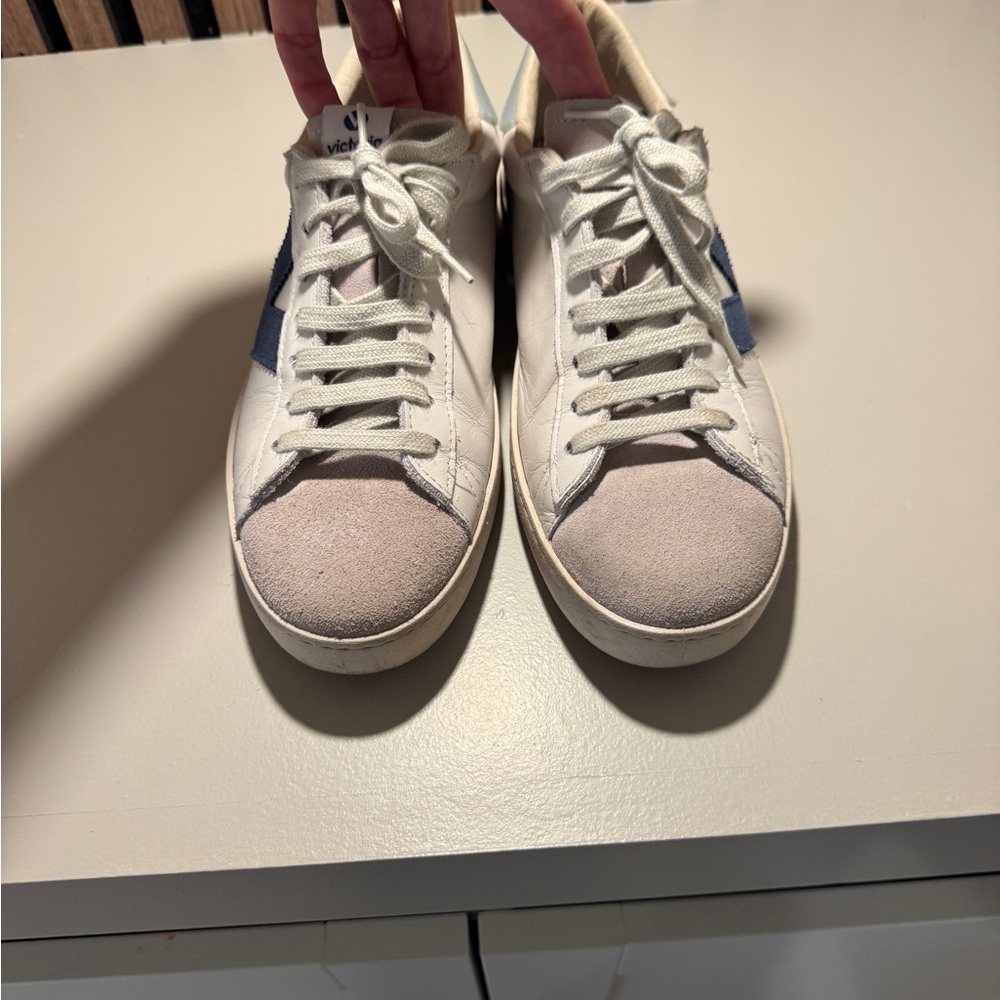 Victoria K White Sneakers with Blue Side Stripe